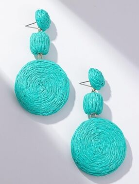 Chunky Teal Raffia Earrings Wicker Retro Statement Wicker Dangle Beach Vacation